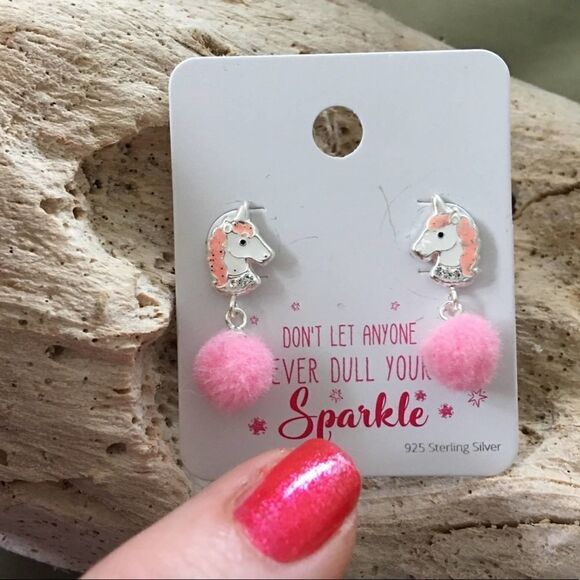 Unicorn Sterling Silver Pom Pom Earrings - Picture 3 of 4